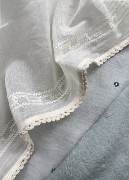 Light Grey Pure Mul Chanderi Suit With Chidiya French Thread Embroidery
