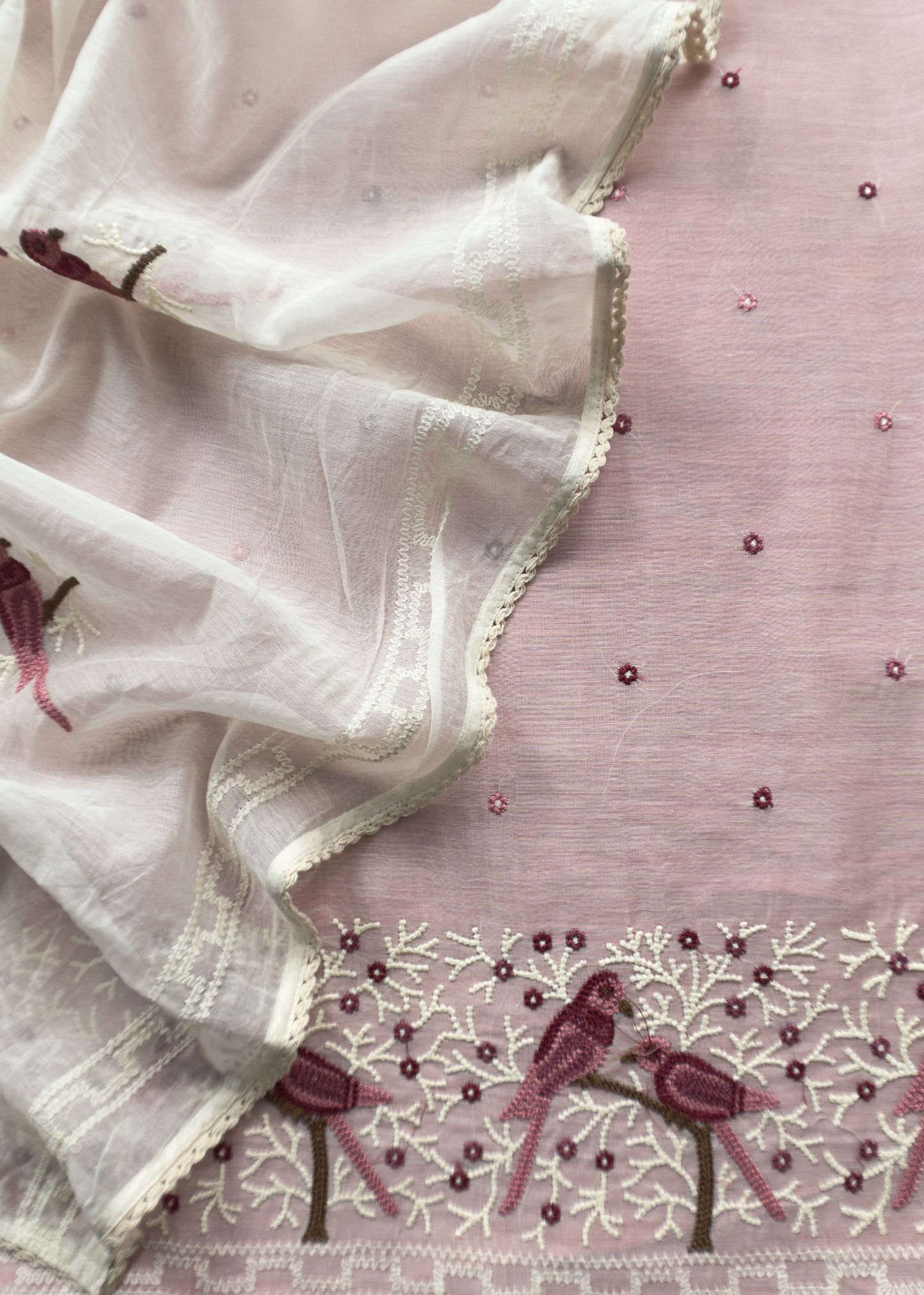 Pastel Pink Pure Mul Chanderi Suit With Chidiya French Thread Embroidery