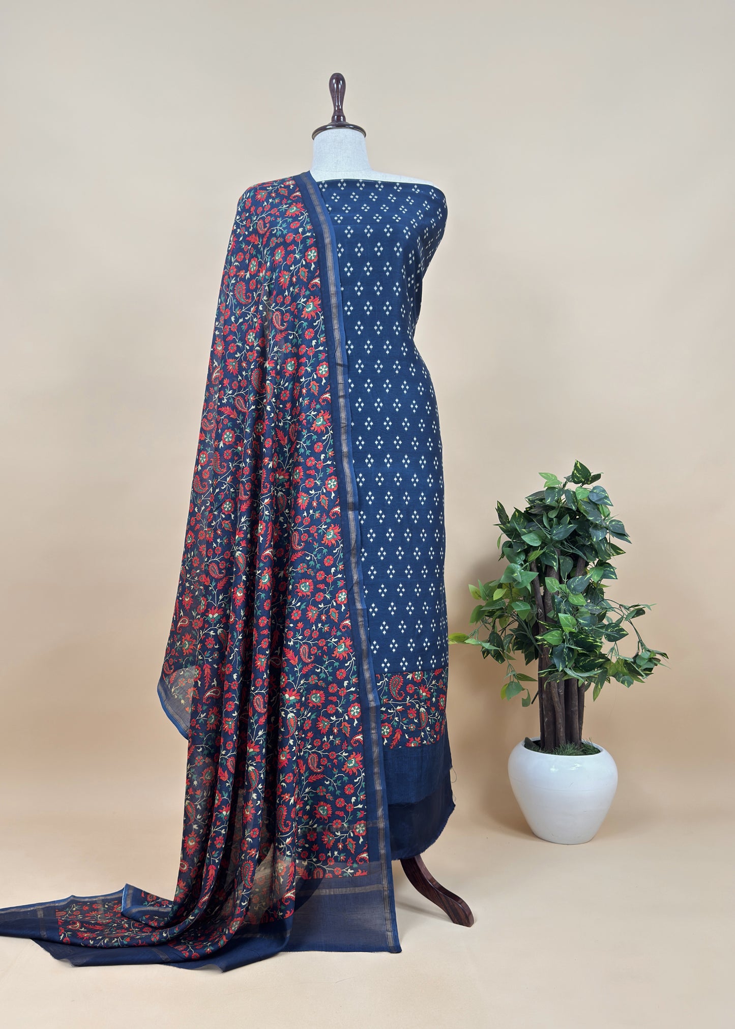 Blue Maheshwari Silk Unstitched Suit With Bandhani And Kani Print
