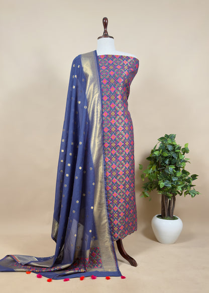 Blue Handwoven Unstitched Patola Suit in Pure Cotton