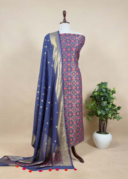 Blue Handwoven Unstiched Patola Suit in Pure Cotton