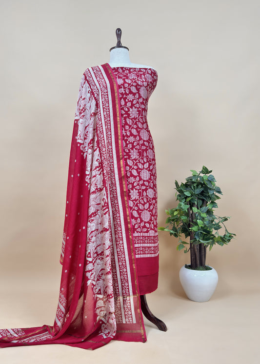 Red Maheshwari Silk Suit With Kalamkari Dupatta