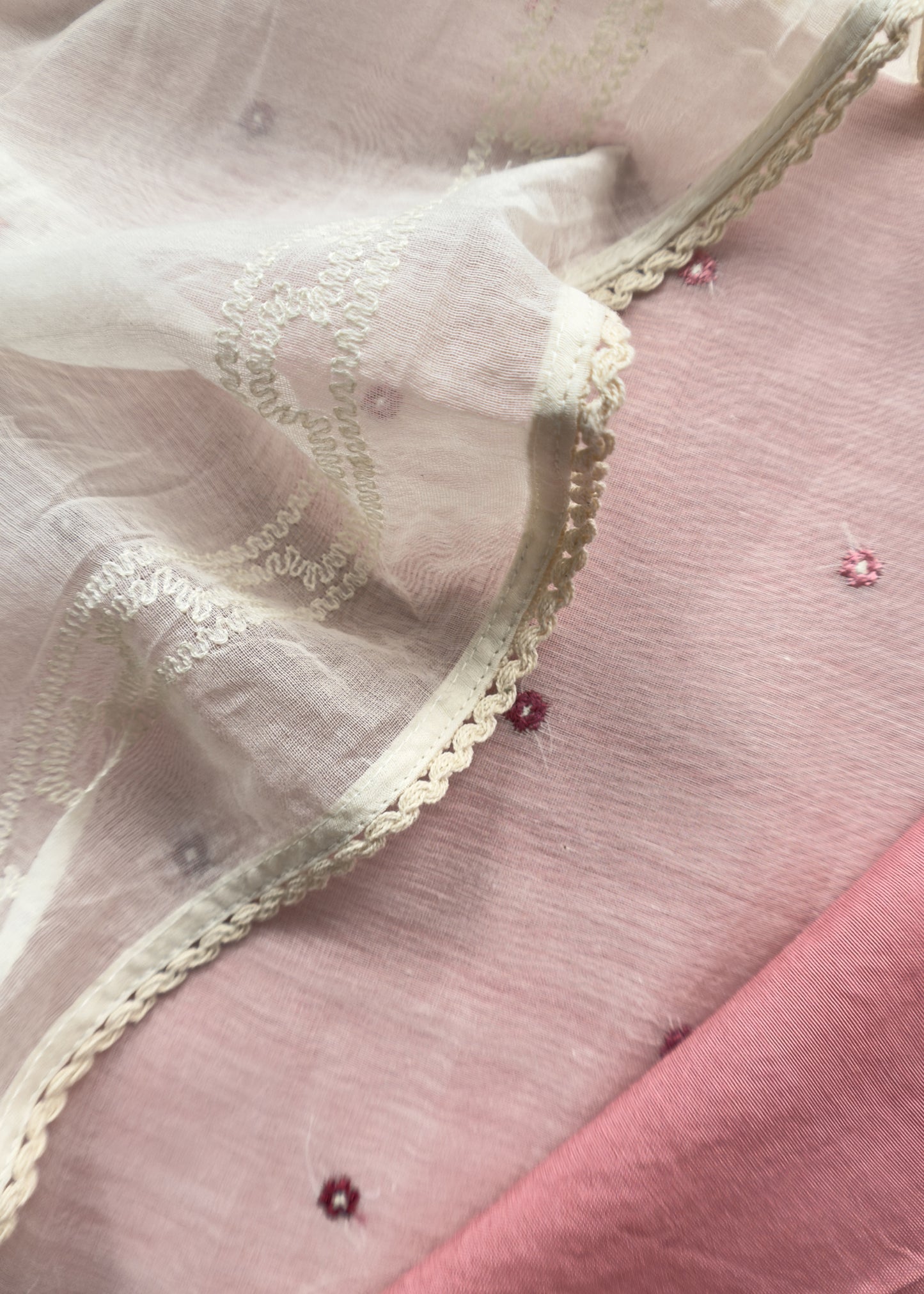 Pastel Pink Pure Mul Chanderi Suit With Chidiya French Thread Embroidery