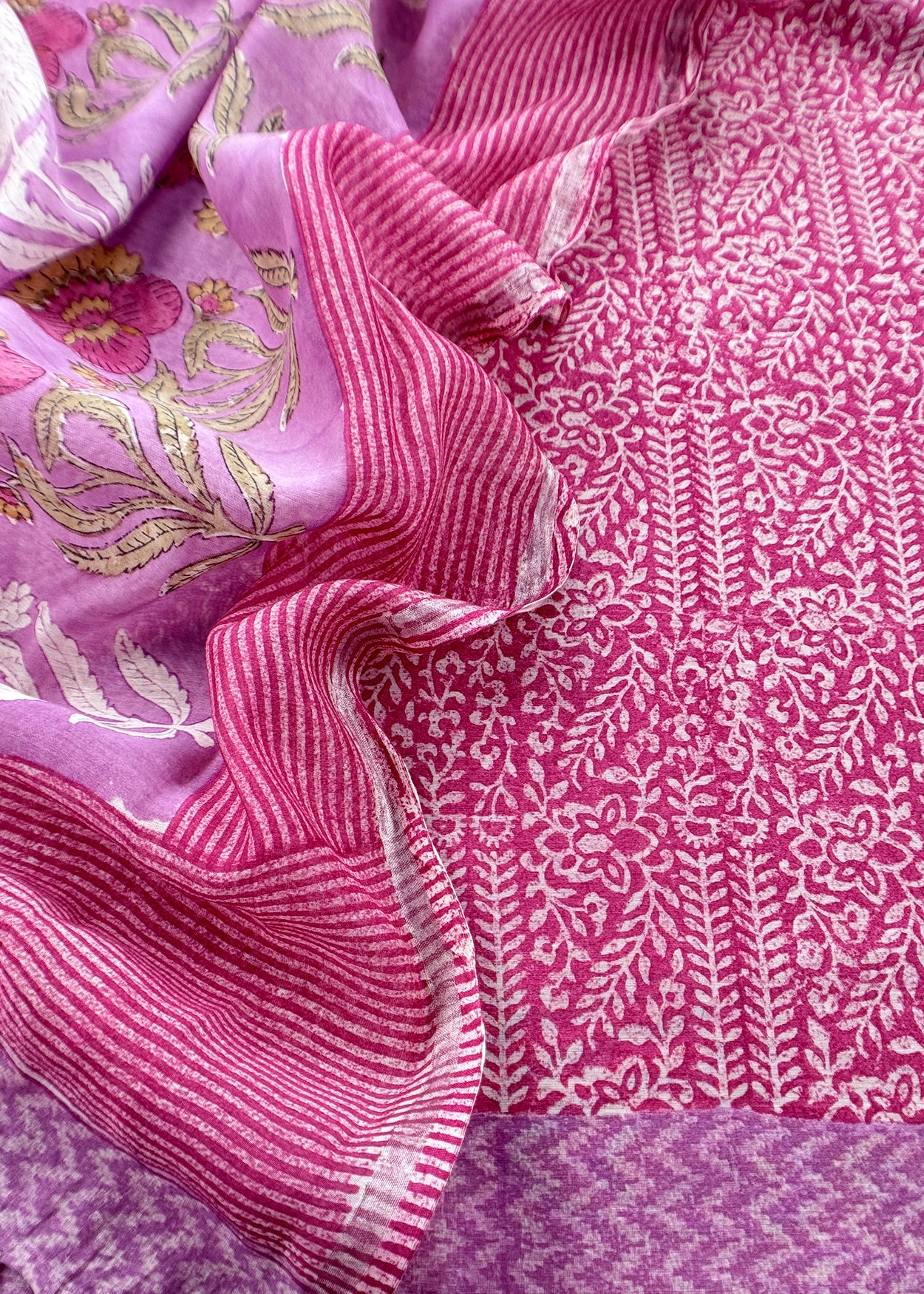 Pink Gulbahar Pure Mulmul Unstitched Suit Fabric With Jaipuri Handblock Print