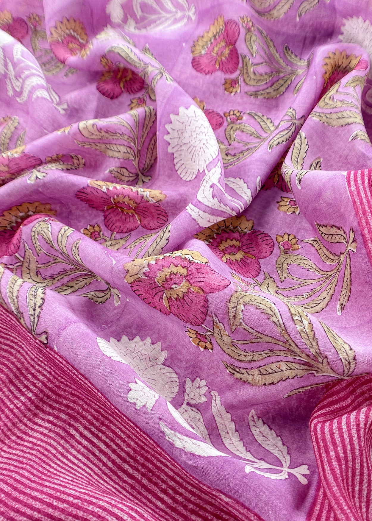 Pink Gulbahar Pure Mulmul Unstitched Suit Fabric With Jaipuri Handblock Print