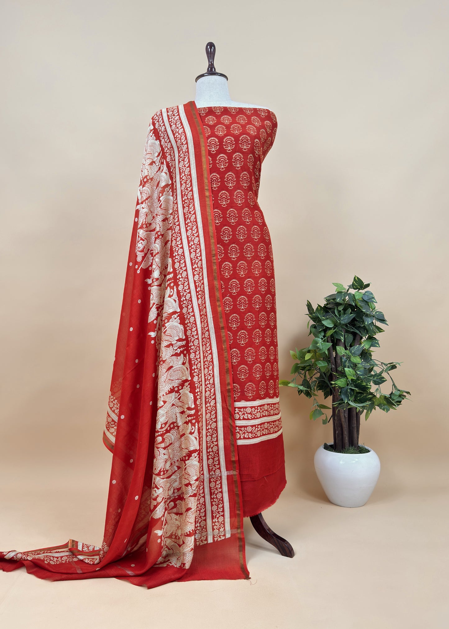 Orange Block Print Handloom Maheshwari Silk Suit Fabric