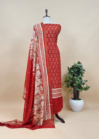 Orange Block Print Handloom Maheshwari Silk Suit Fabric