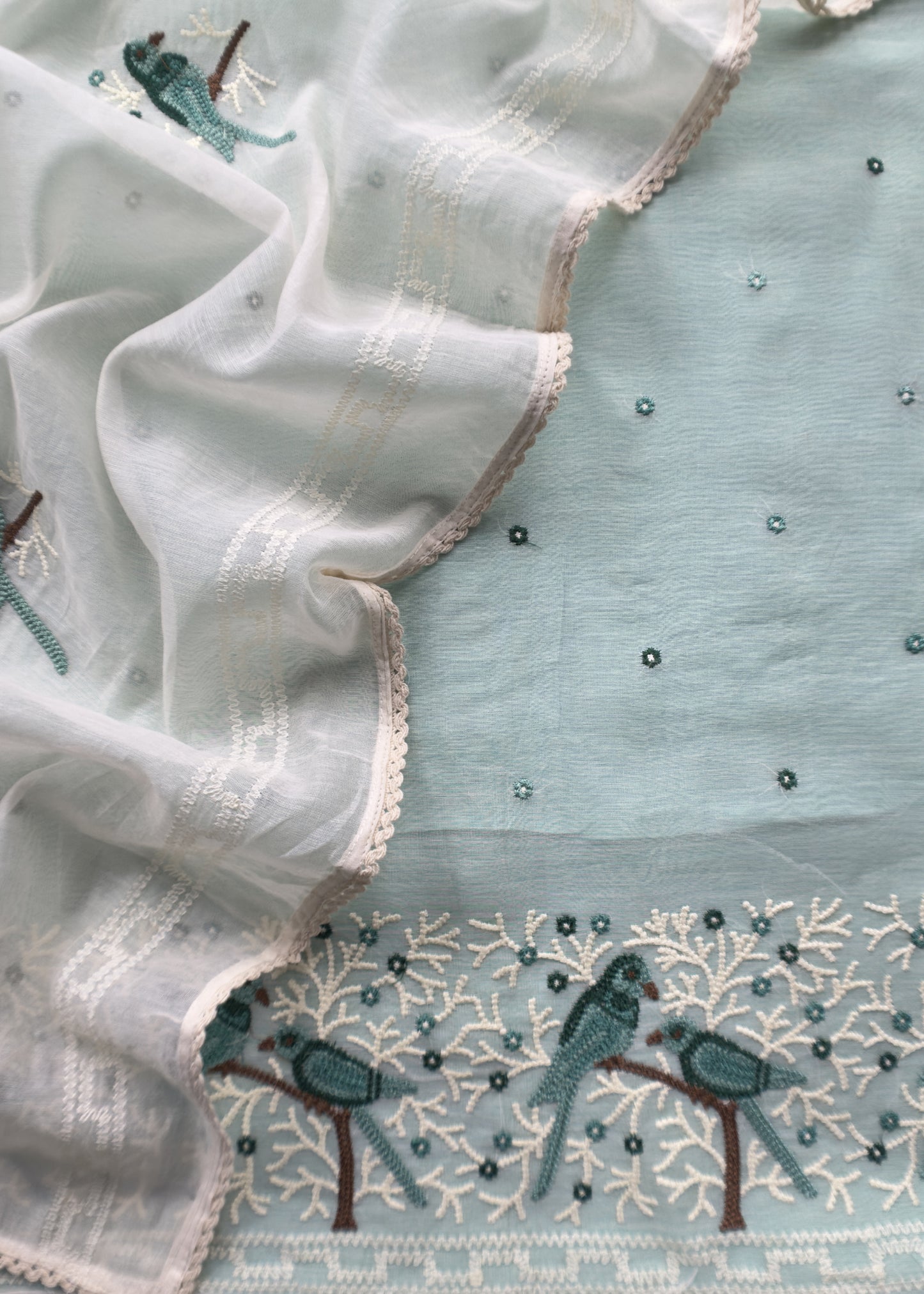 Sea Green Pure Mul Chanderi Suit With Chidiya French Thread Embroidery