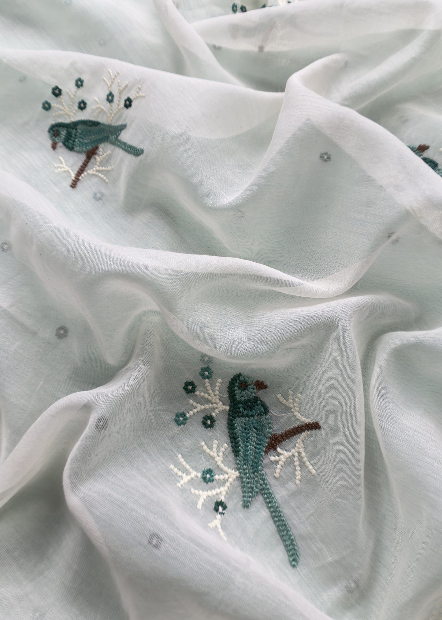 Sea Green Pure Mul Chanderi Suit With Chidiya French Thread Embroidery