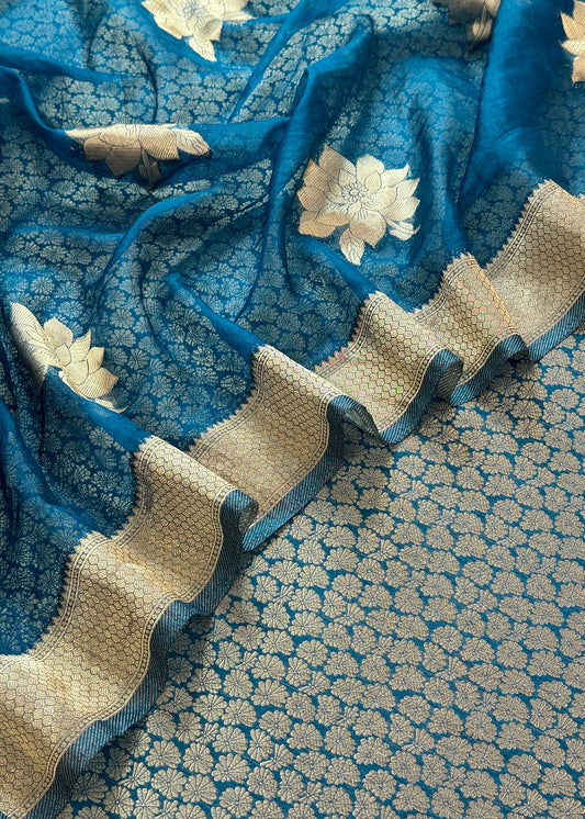 Deep Sea Blue Designer Pure Brocade Silk Kurta And Organza Dupatta