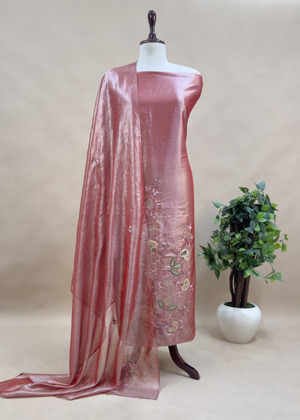 Red Tissue Silk Suit With Thread Embroidery And Patch Work
