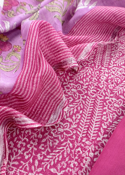 Pink Gulbahar Pure Mulmul Unstitched Suit Fabric With Jaipuri Handblock Print
