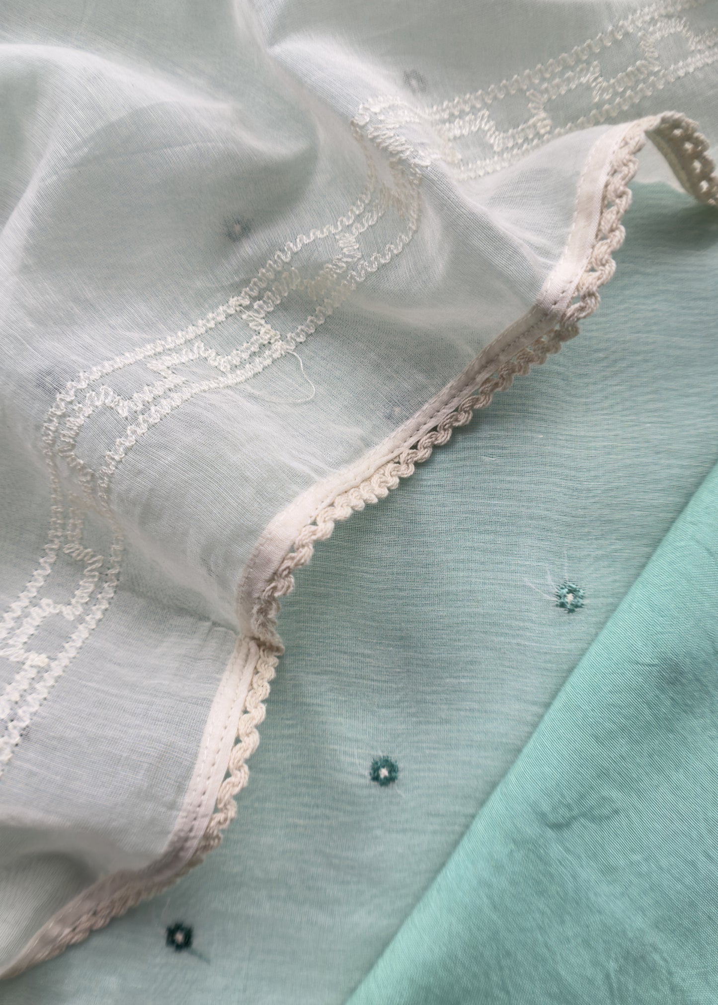 Sea Green Pure Mul Chanderi Suit With Chidiya French Thread Embroidery