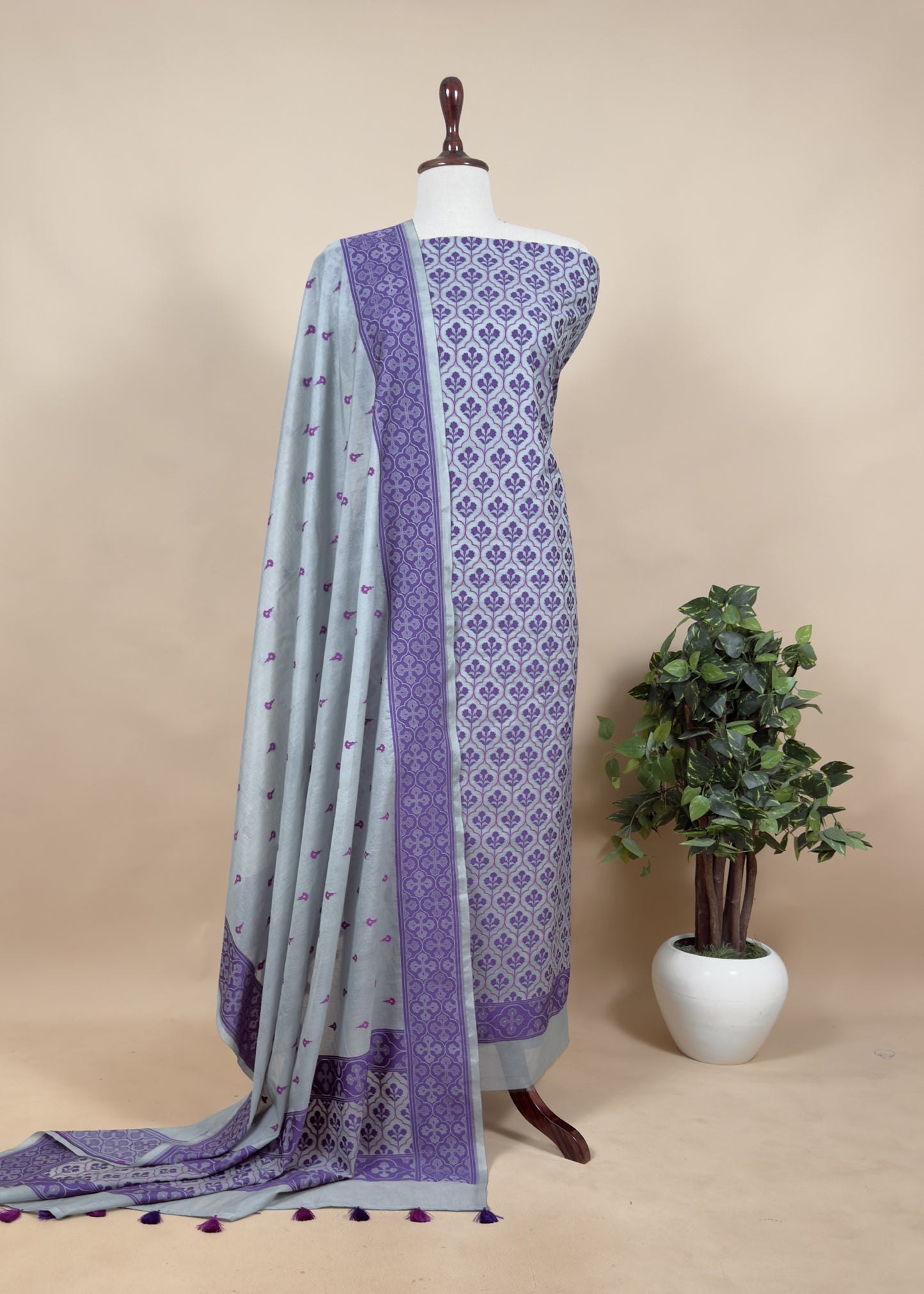 Gray And Purple Handloom Banarasi Suit With Paithani Weaving