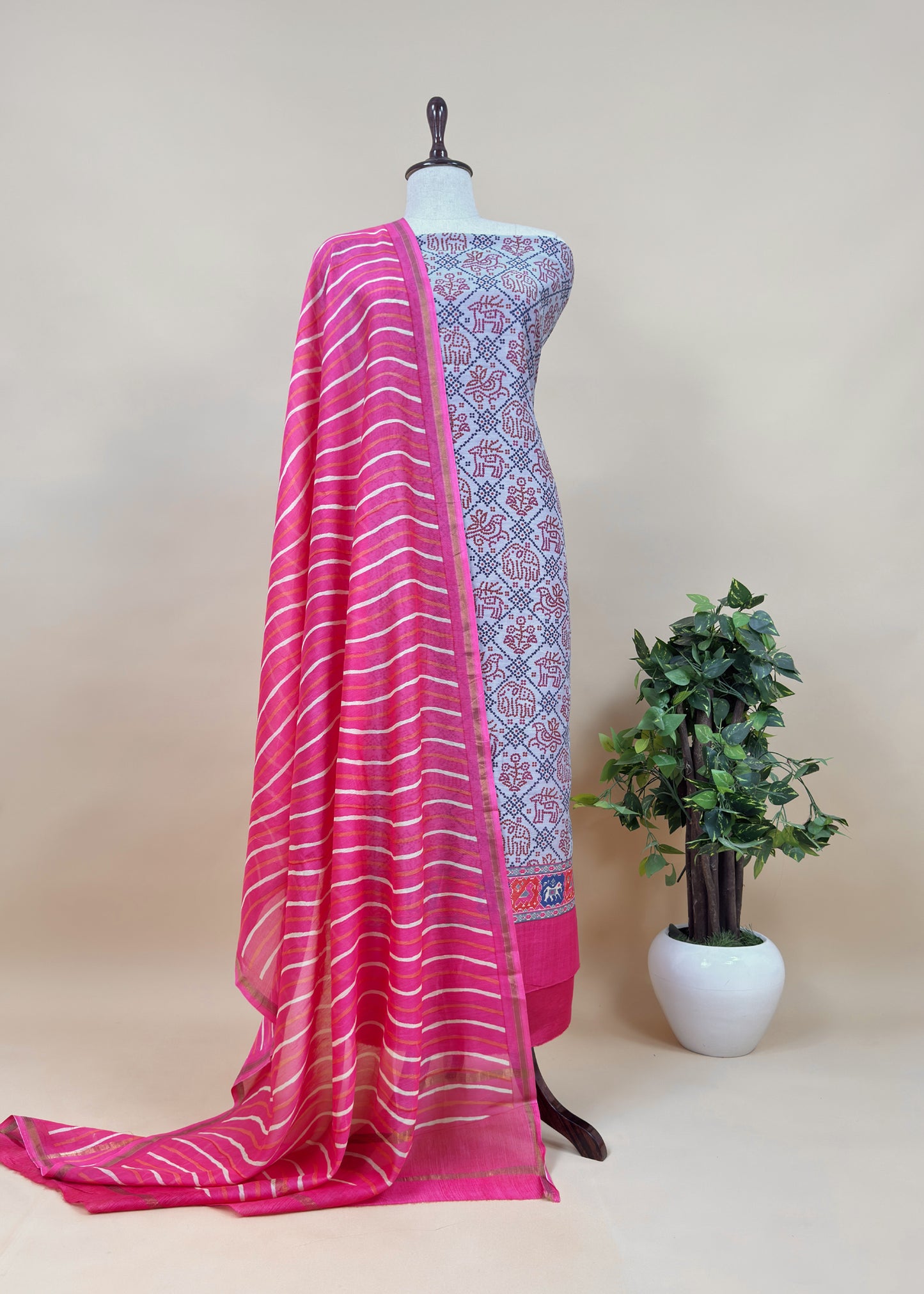 Green and Blue Bandhani Maheshwari Silk Suit With Lehariya Dupatta