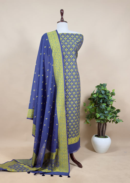 Blue And Yellow Handloom Banarasi Suit With Paithani Weaving