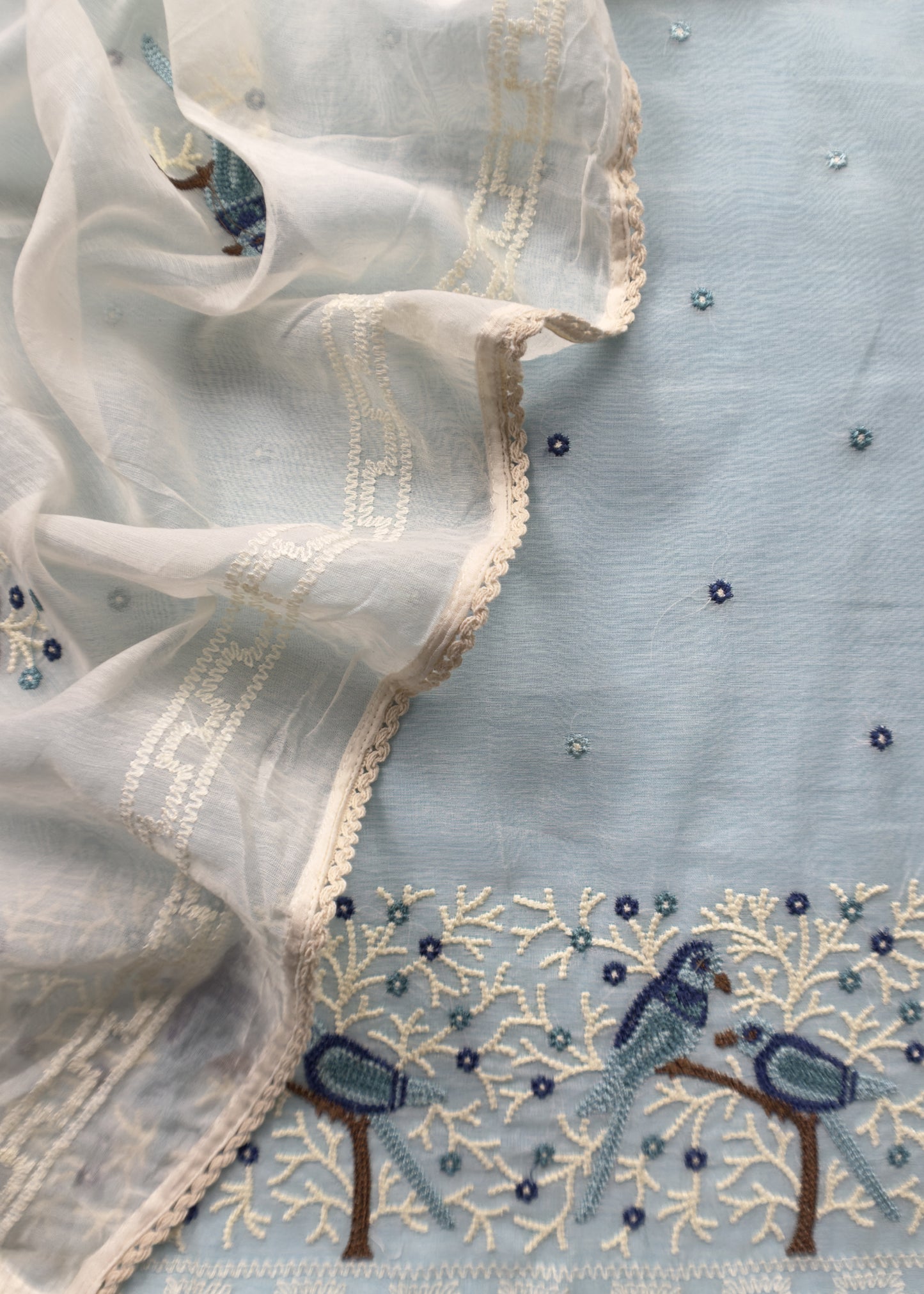 Pastel Blue Pure Mul Chanderi Suit with Chidiya French Thread Embroidery