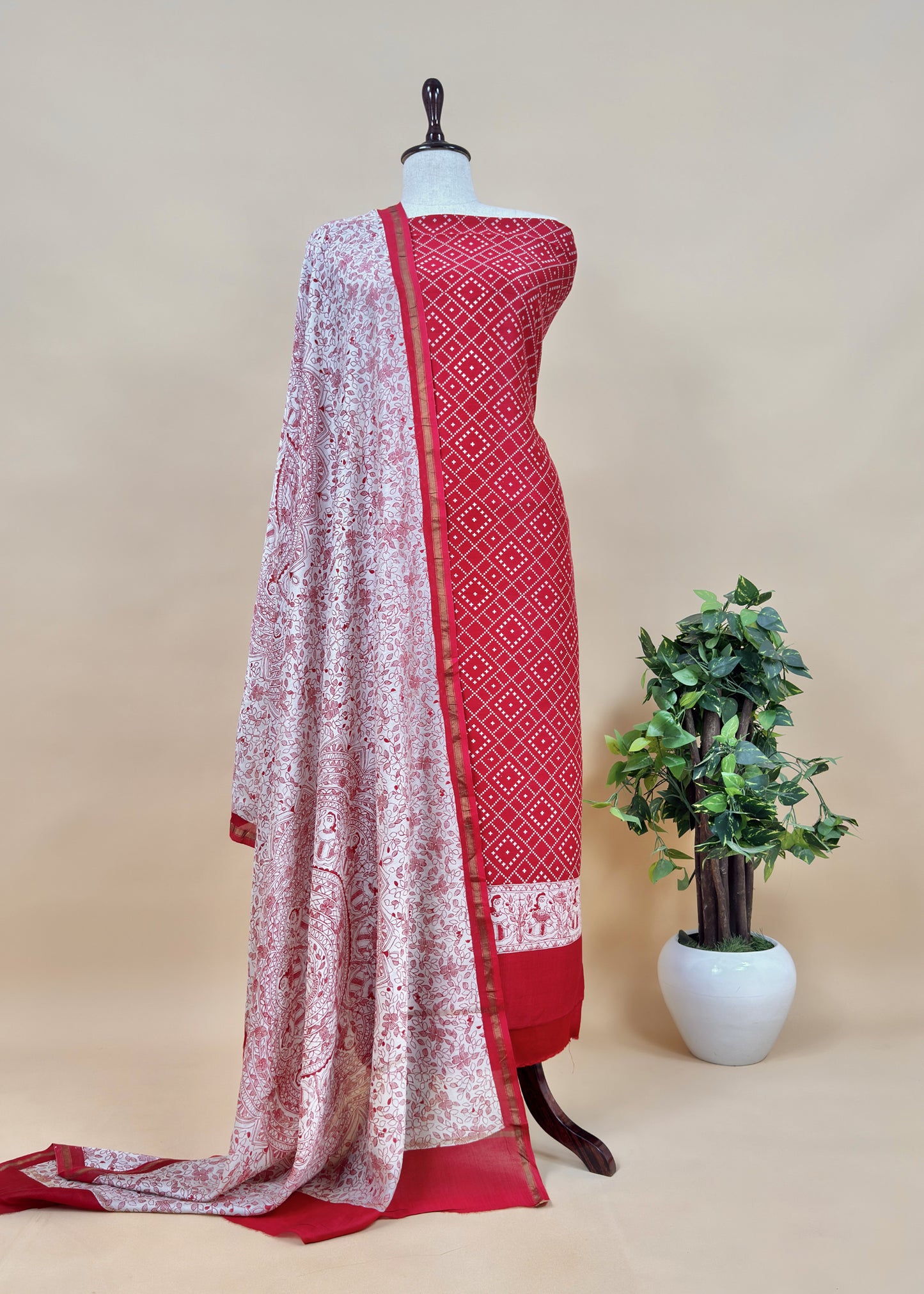 Red Bandhani Suit In Maheshwari With Madhubani Dupatta