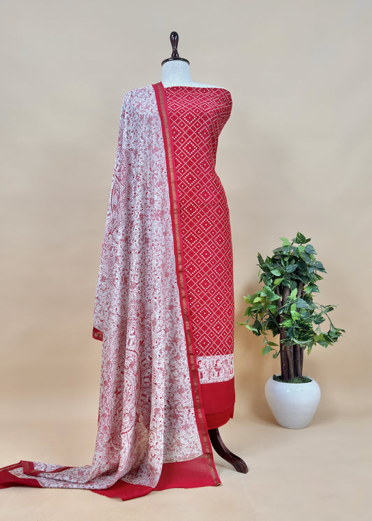 Red Bandhani Suit In Maheshwari With Madhubani Dupatta