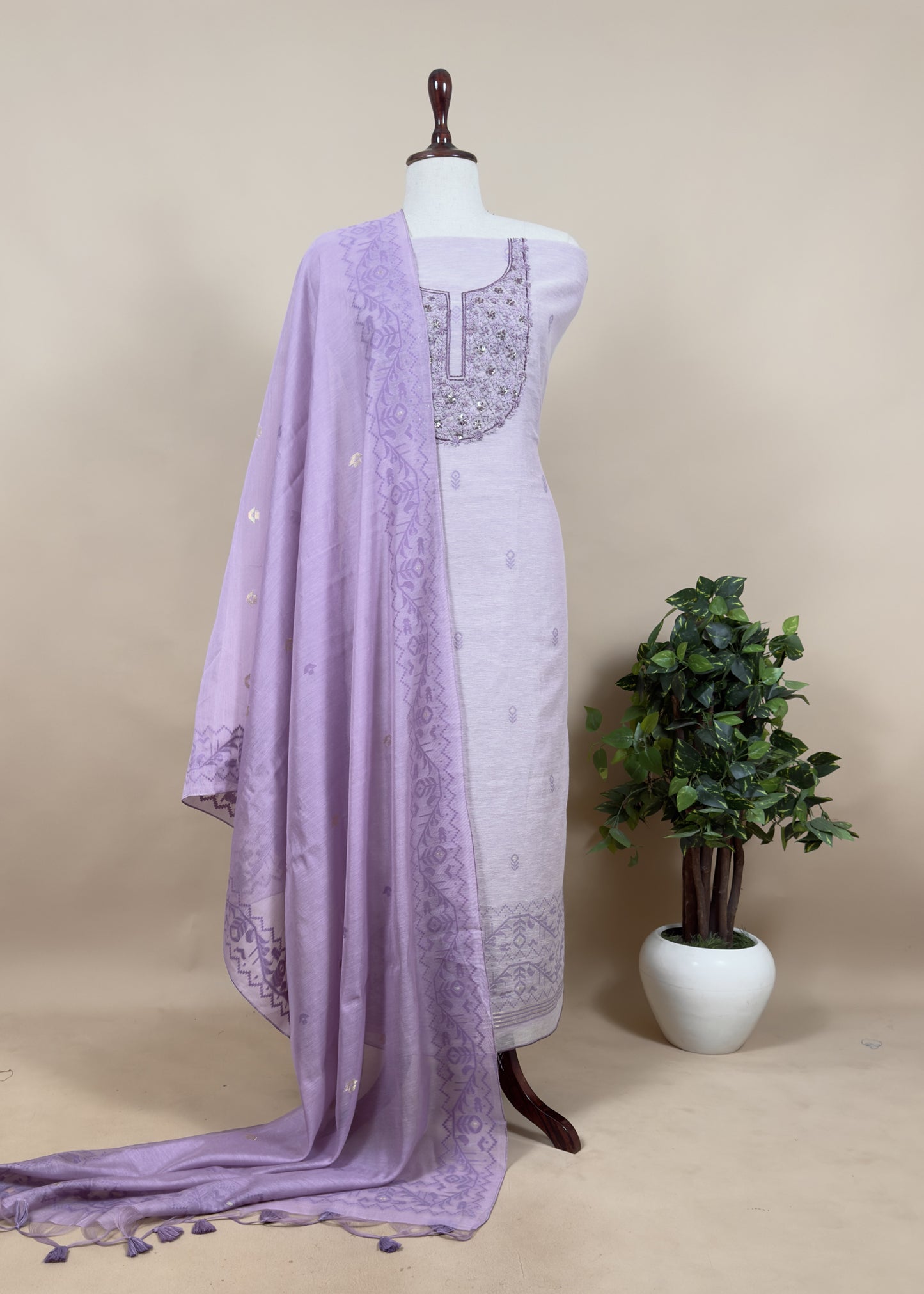 purple Linen Unstitched Suit With Jamdani Weaves