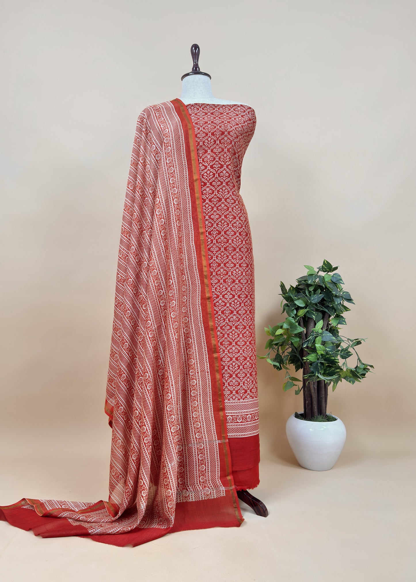Orange Block Print Handloom Maheshwari Silk Suit Fabric