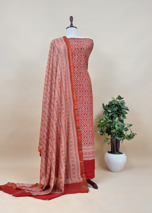 Orange Block Print Handloom Maheshwari Silk Suit Fabric