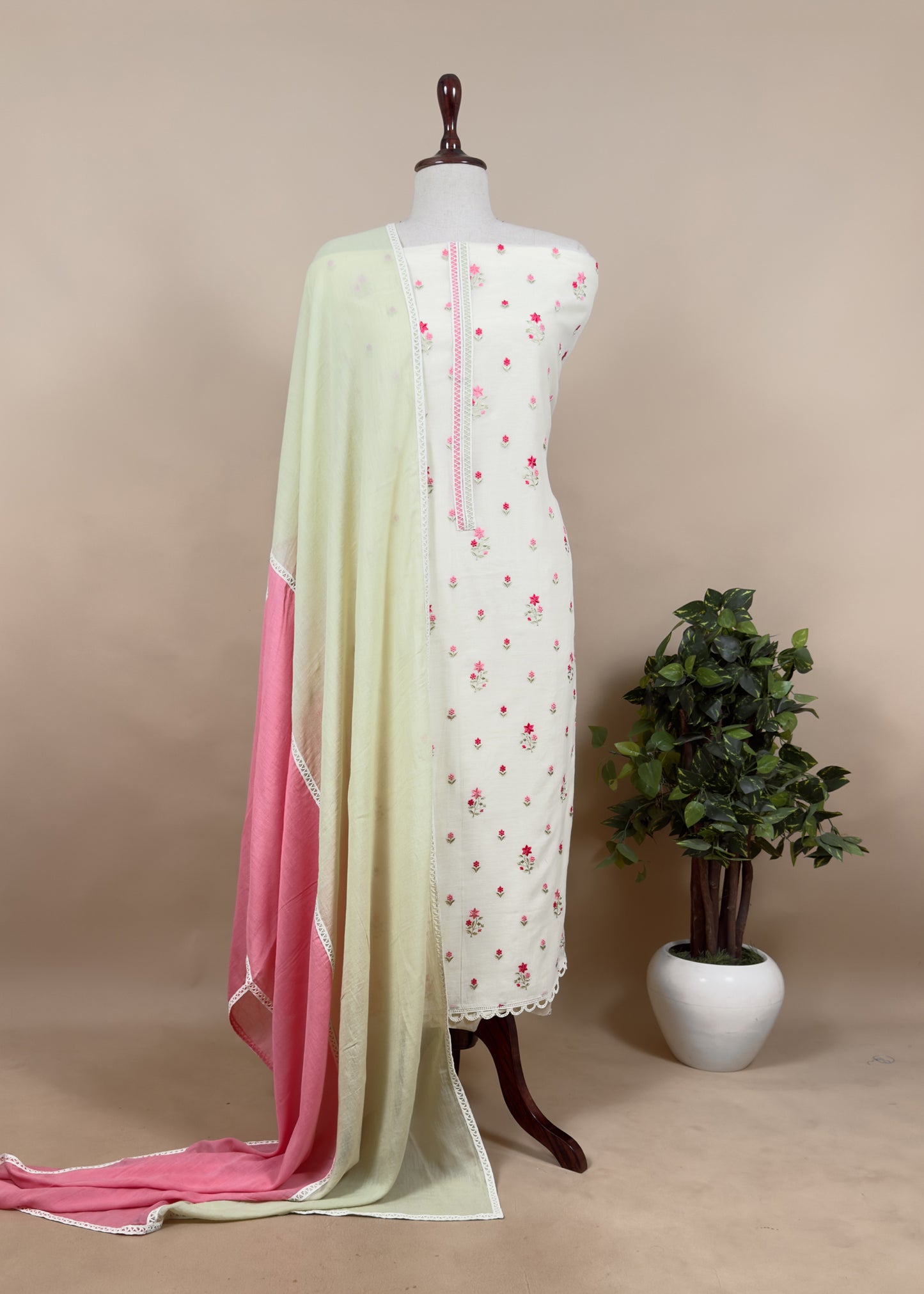 Off-White Chanderi Suit With Mulmul Cotton Dupatta