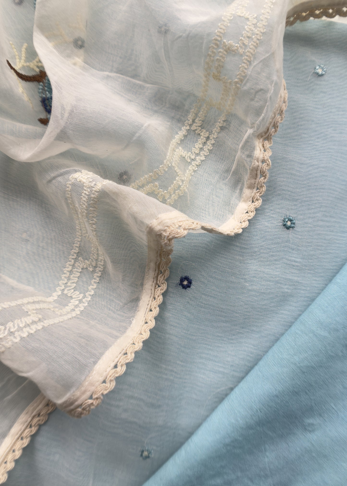 Pastel Blue Pure Mul Chanderi Suit with Chidiya French Thread Embroidery