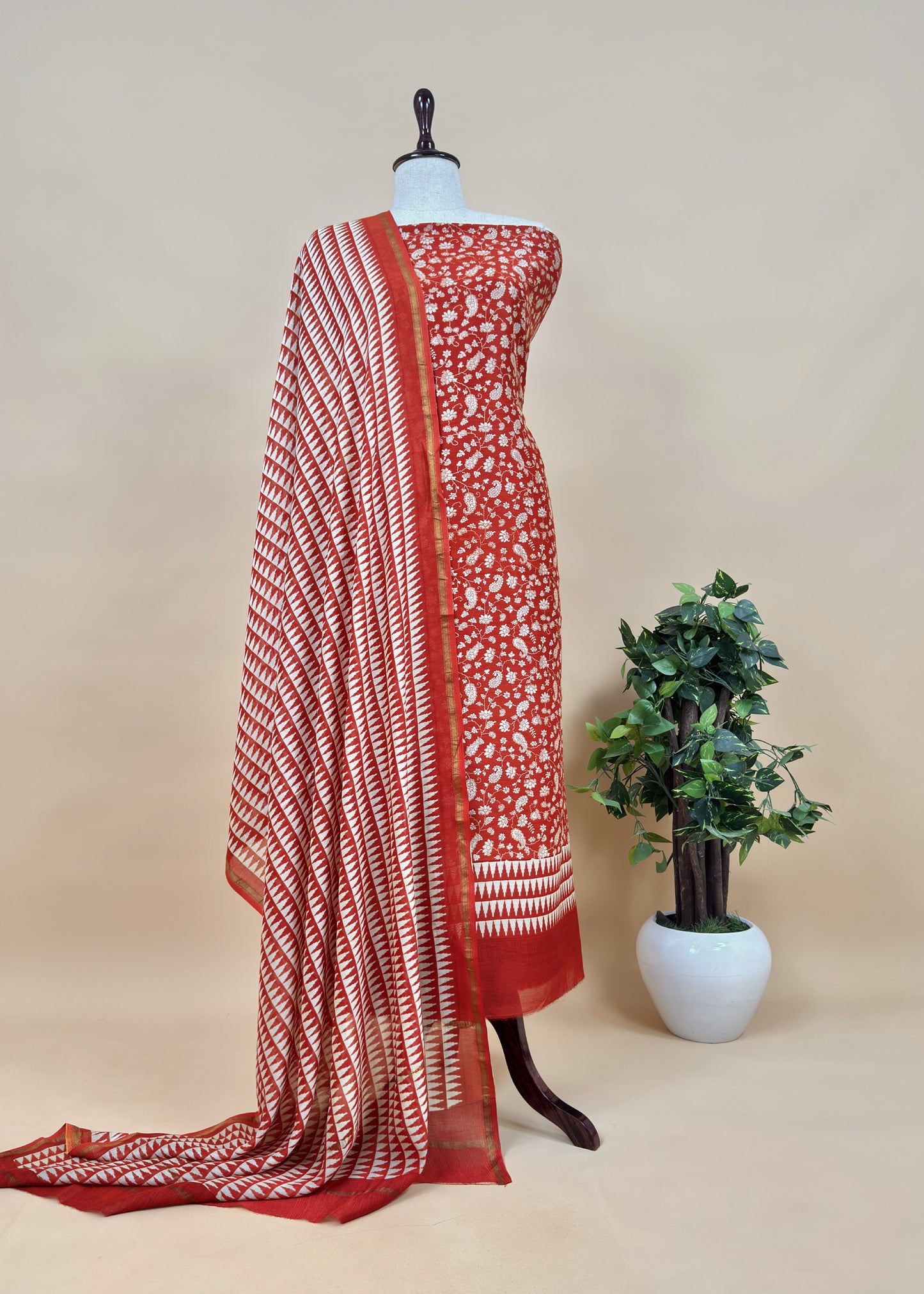 Orange Block Print Handloom Maheshwari Silk Suit Fabric