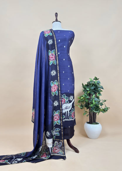 Blue Handpainted Hans and Flowers Maheshwari Silk Suit With Banarasi Bootis