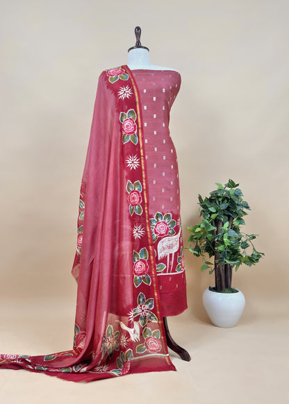 Blue Handpainted Hans and Flowers Maheshwari Silk Suit With Banarasi Bootis