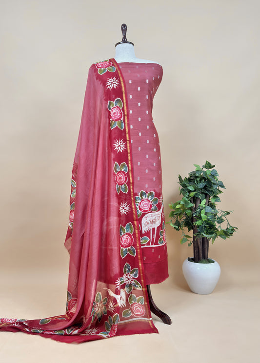 Brown Handpainted Hans and Flowers Maheshwari Silk Suit With Banarasi Bootis