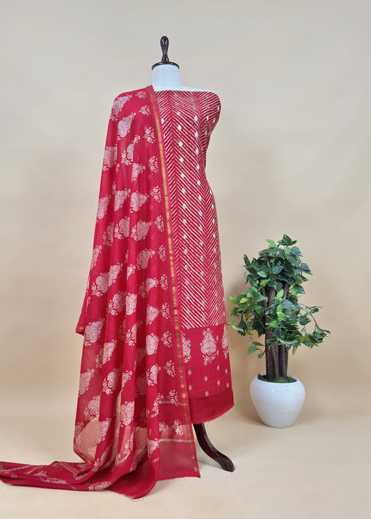 Red Maheshwari Silk Unstitched Suit With Leheriya And Block Print