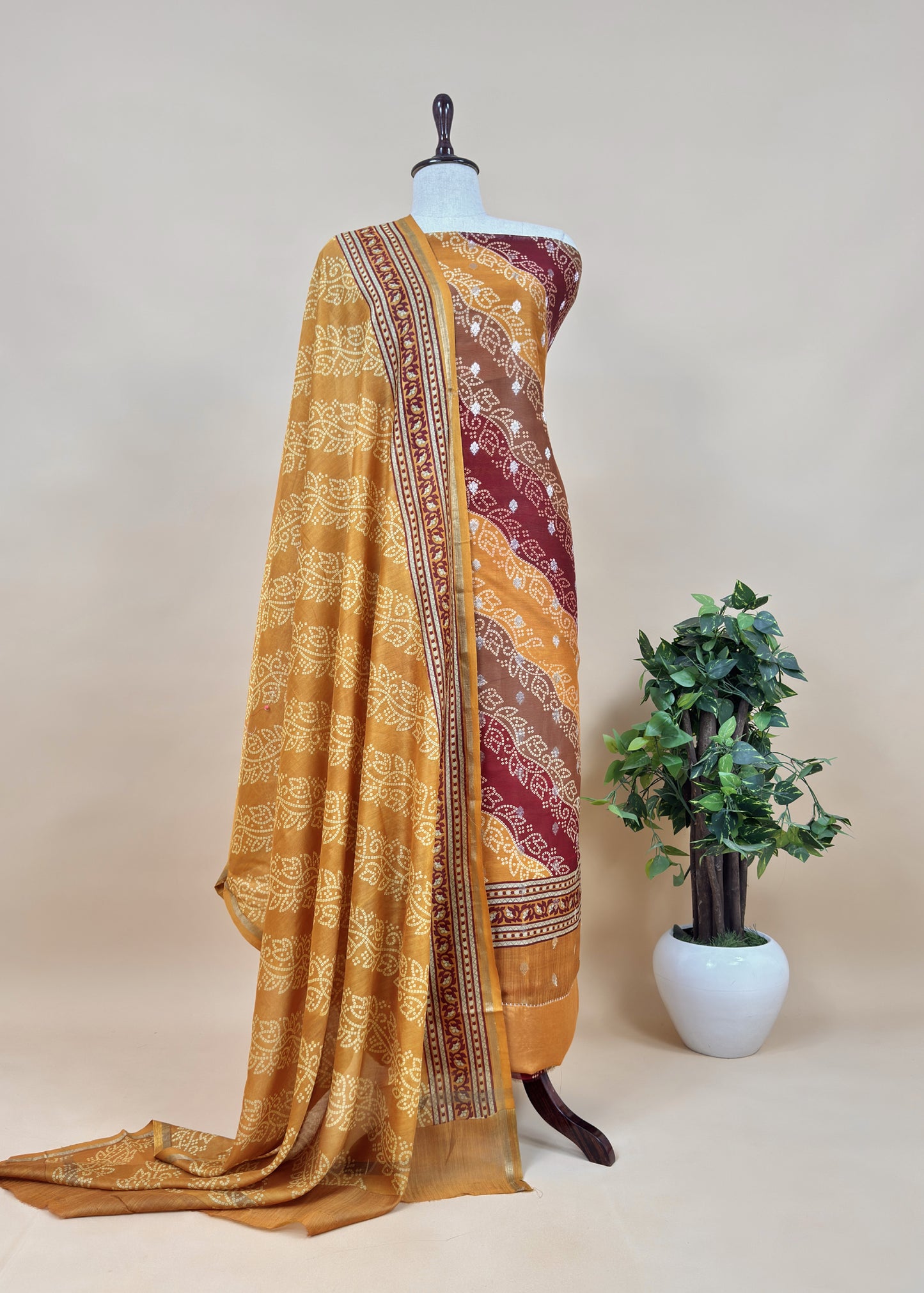 Yellow Pure Maheshwari Silk Suit With Banarasi Bootis