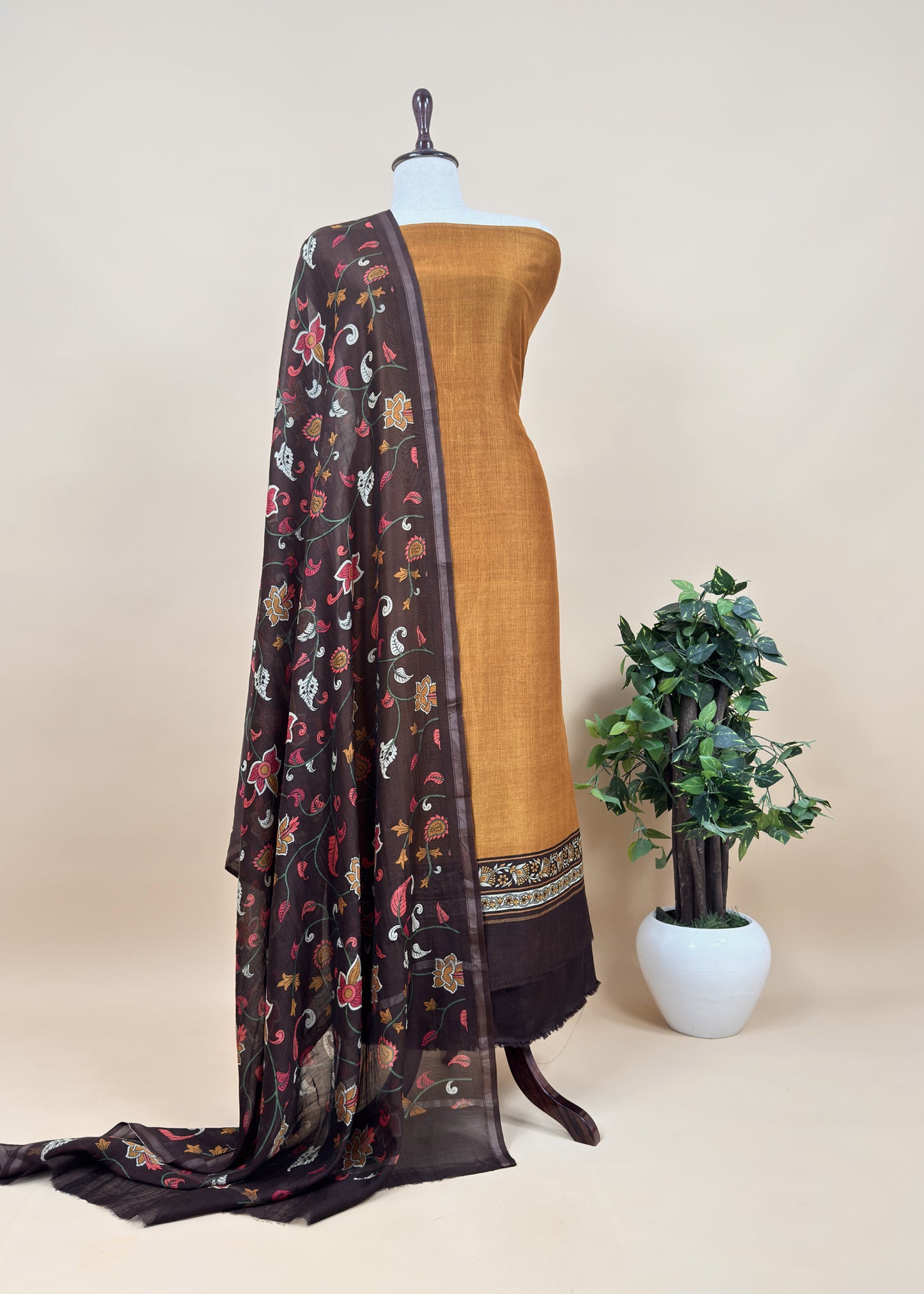 Caramel And Brown Kalamkari Print Pure Maheshwari Silk Suit With Dupatta