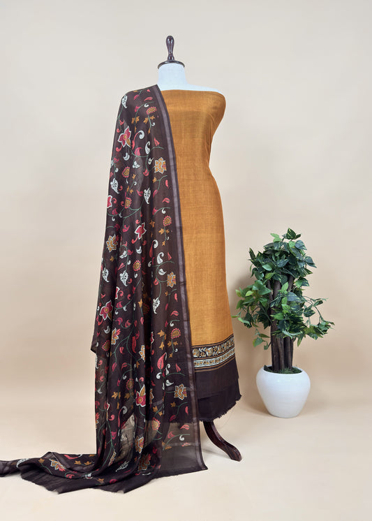 Caramel And Brown Kalamkari Print Pure Maheshwari Silk Suit With Dupatta
