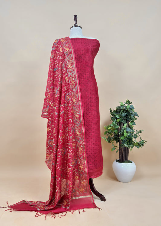 Red Pure Handblock Print Maheshwari Silk Suit With Kantha Stitch Embroidery