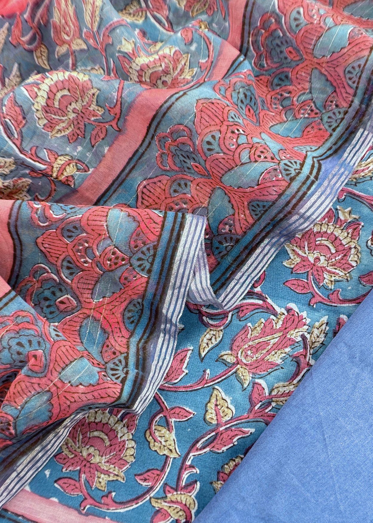 Blue Gulbahar Pure Mulmul Unstitched Suit Fabric With Jaipuri Handblock Print