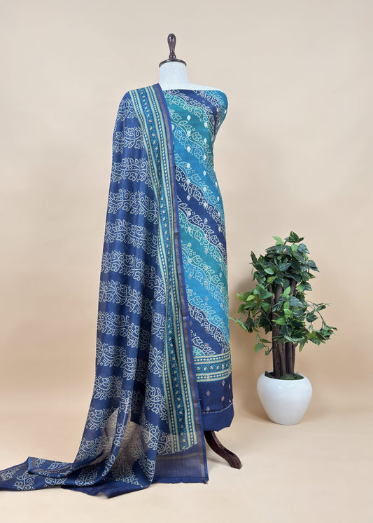 Sky And Blue Bandhani Banarsi Suit In Maheshwari Silk