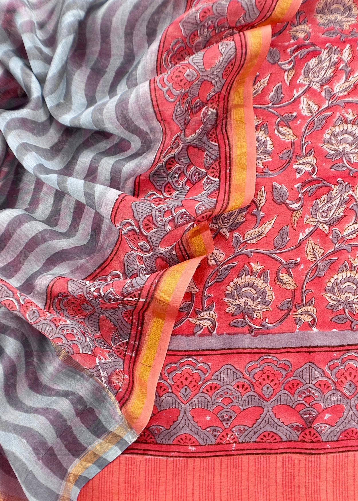 Orange Gulbahar Pure Mulmul Unstitched Suit Fabric With Jaipuri Handblock Print