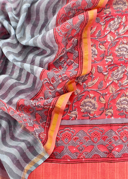 Orange Gulbahar Pure Mulmul Unstitched Suit Fabric With Jaipuri Handblock Print