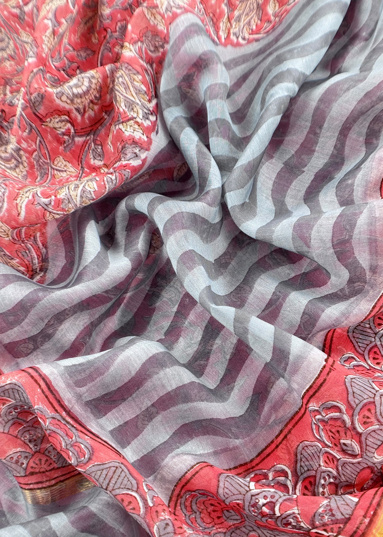 Orange Gulbahar Pure Mulmul Unstitched Suit Fabric With Jaipuri Handblock Print
