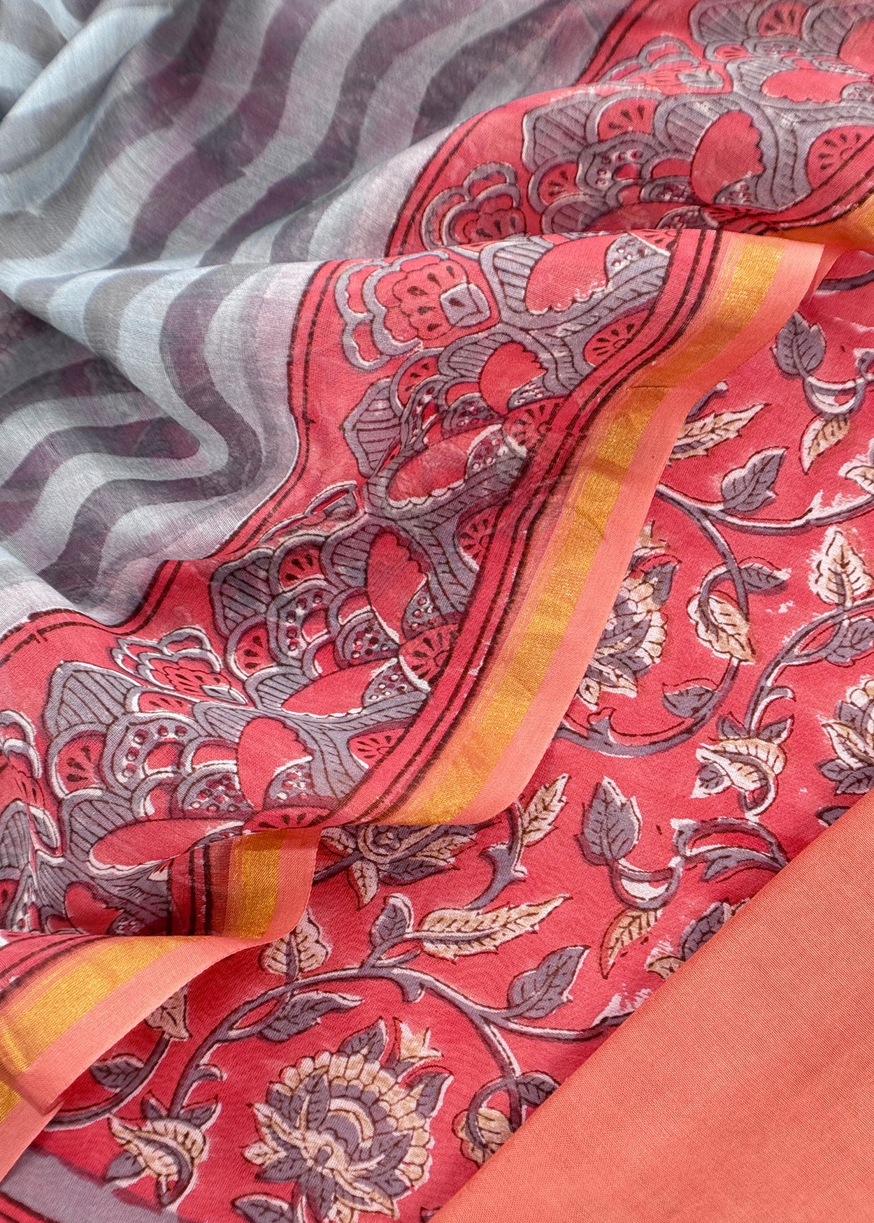 Orange Gulbahar Pure Mulmul Unstitched Suit Fabric With Jaipuri Handblock Print
