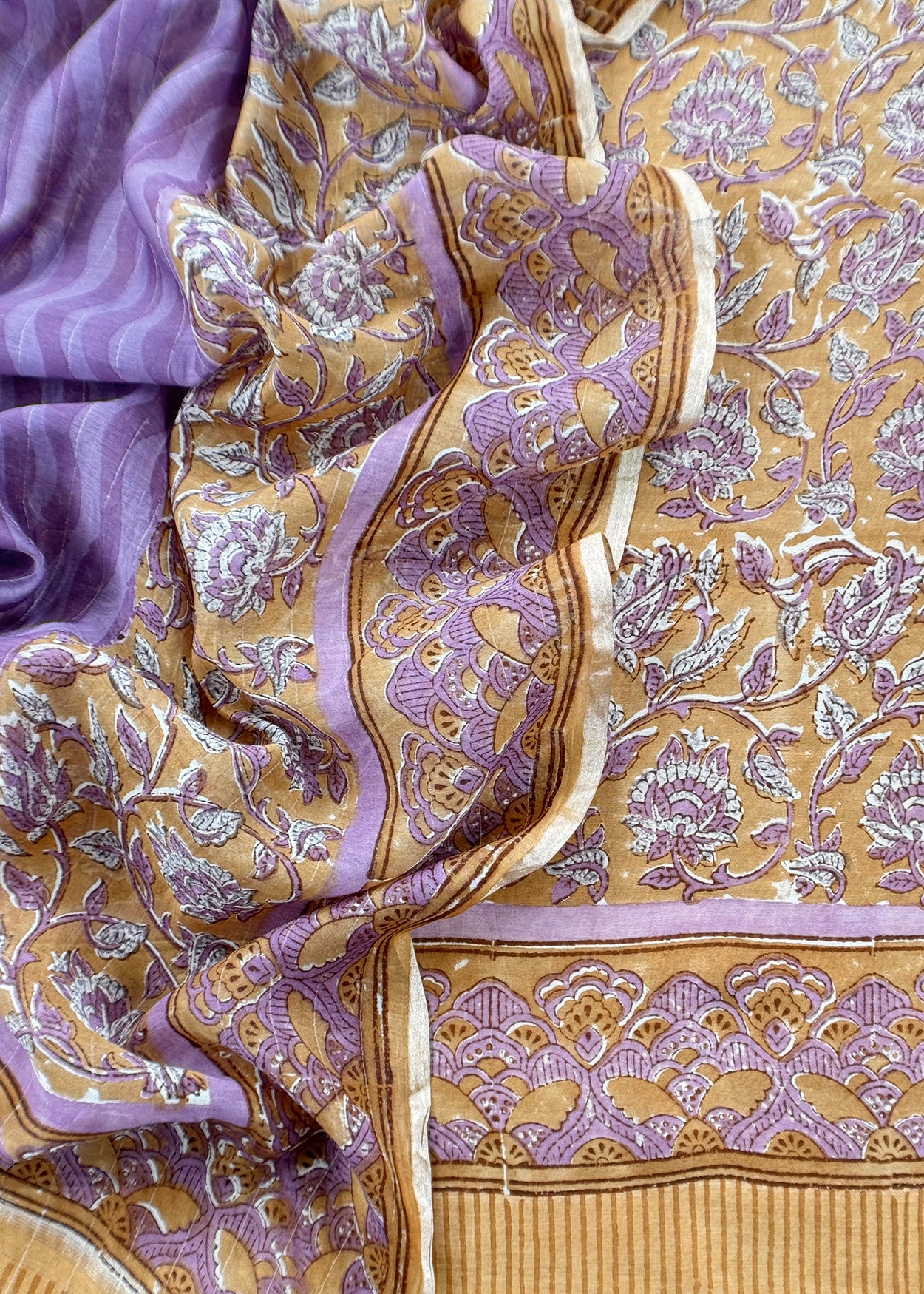 Brown Yellow Gulbahar Pure Mulmul Unstitched Suit Fabric With Jaipuri Handblock Print