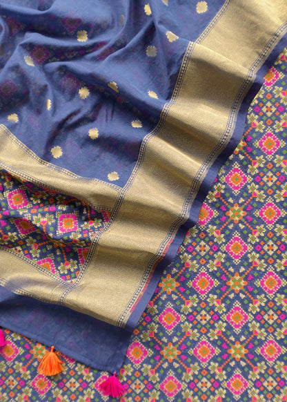 Blue Handwoven Unstitched Patola Suit in Pure Cotton