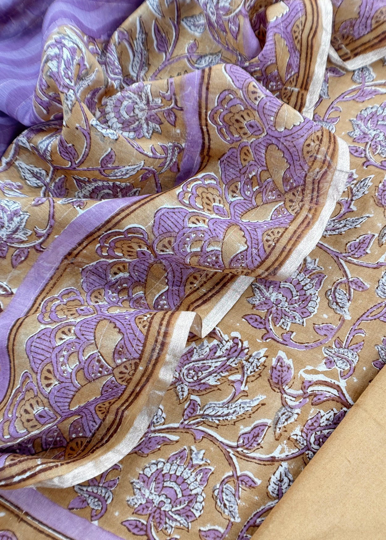 Brown Yellow Gulbahar Pure Mulmul Unstitched Suit Fabric With Jaipuri Handblock Print