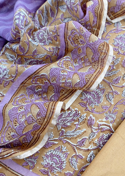 Brown Yellow Gulbahar Pure Mulmul Unstitched Suit Fabric With Jaipuri Handblock Print