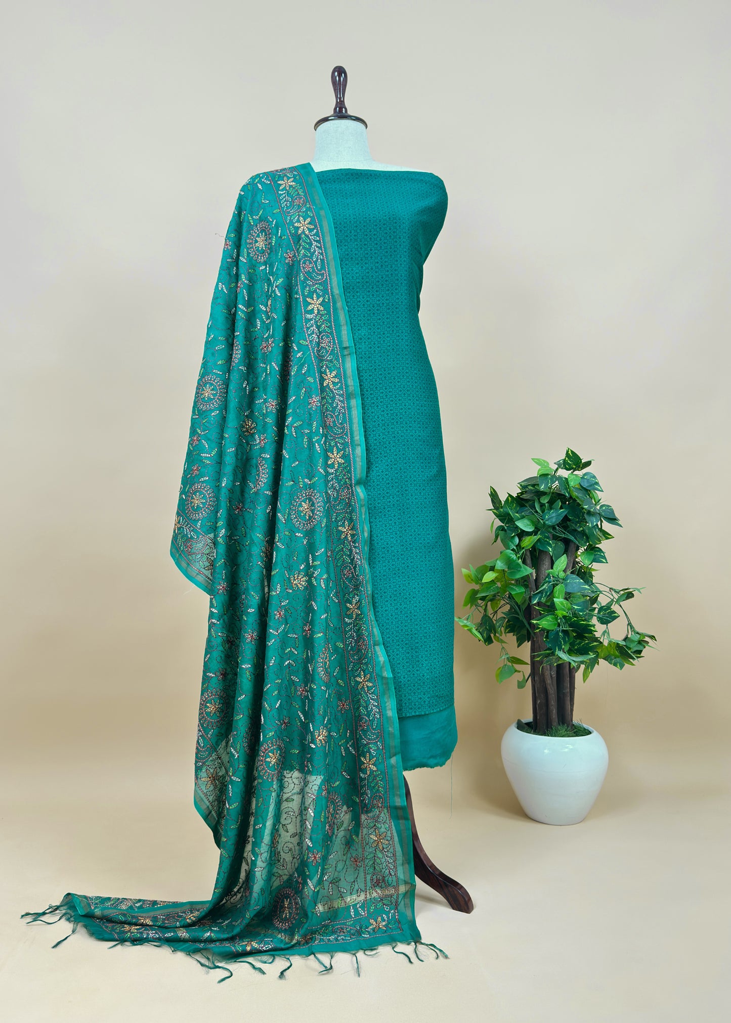 Turquoise Pure Handblock Print Maheshwari Silk Suit With Kantha Stitch Embroidery