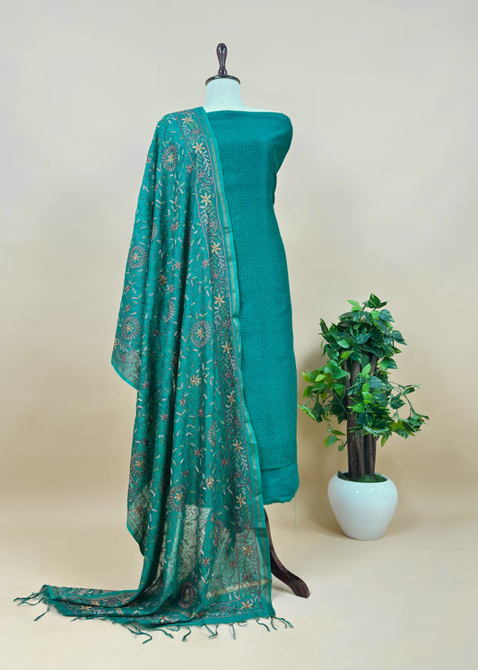 Turquoise Pure Handblock Print Maheshwari Silk Suit With Kantha Stitch Embroidery