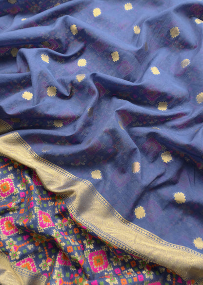 Blue Handwoven Unstitched Patola Suit in Pure Cotton